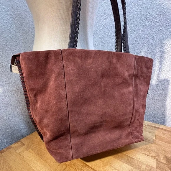AllSaints Mori Suede Leather Tote Bag Brown Braided Handle Whipstitch - Picture 3 of 14